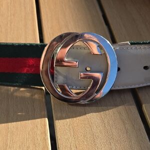 Gucci Green and Red Web Stripe Belt with Silver Interlocking G Buckle